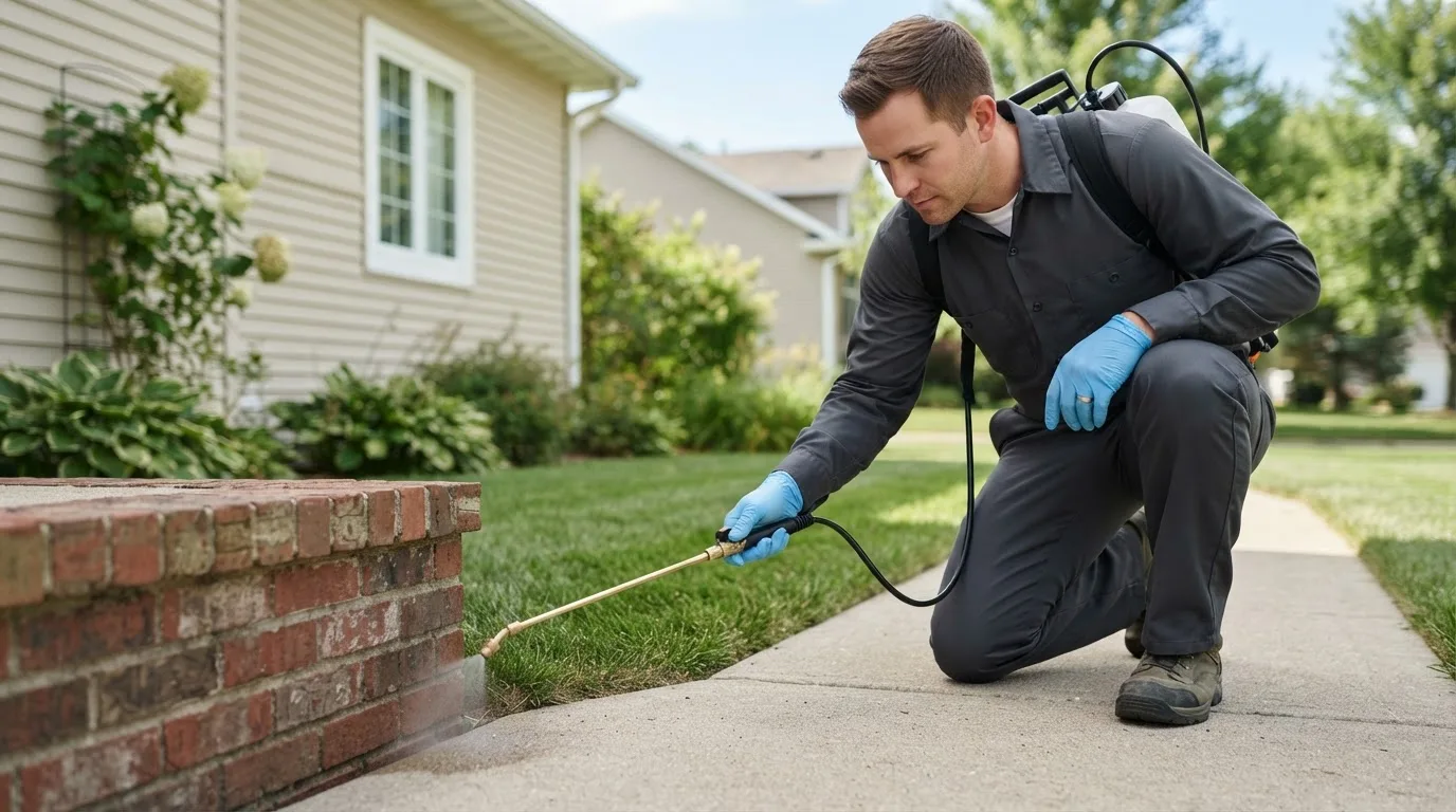 Pest control technician treating a home near Lequire, OK