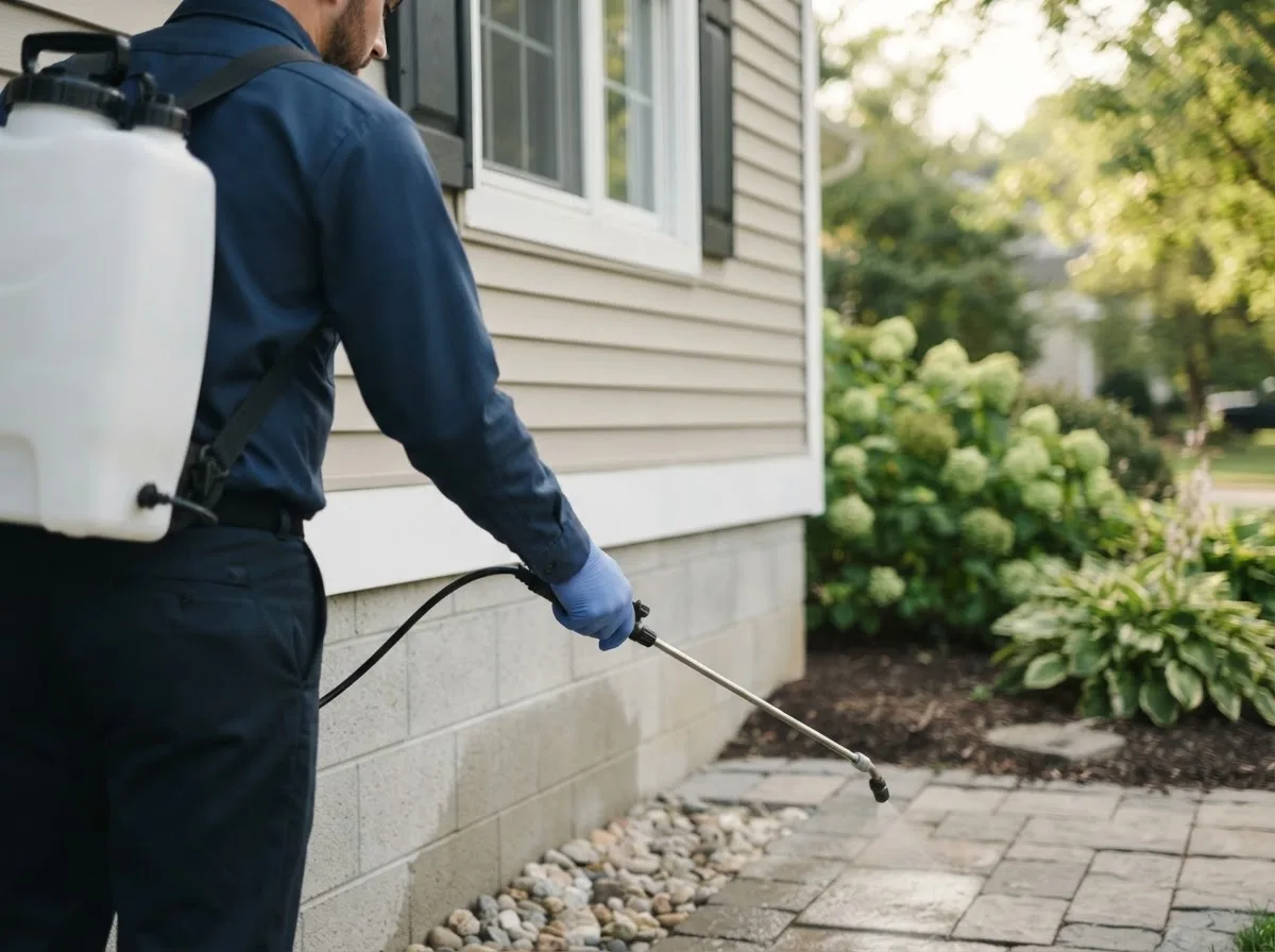 Pest control technician inspecting a home in Lequire, OK